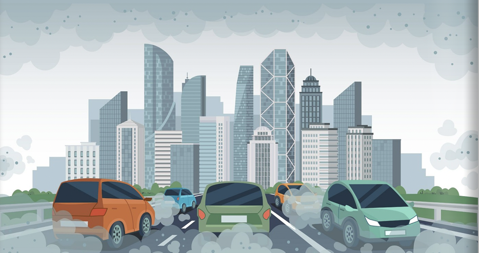 Illustration of a motor vehicle traffic jam with a city skyline in the background. The image is surrounded by smog.