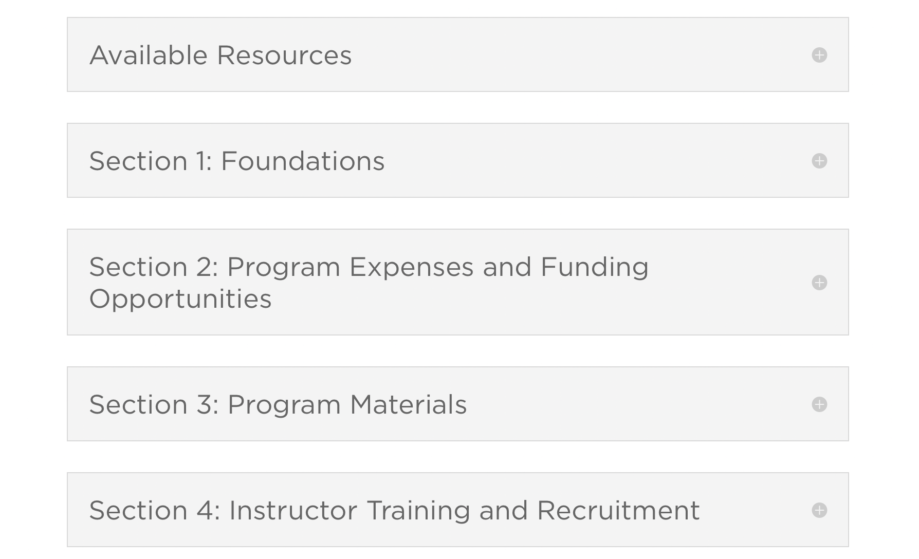 A screenshot of the drop down menus available on the resource hub, including available resources, foundations, program expenses and funding opportunities, program materials, and instructor training and recruitment.