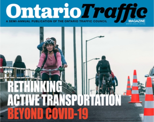 Cover of the digital Ontario Traffic Magazine with a photo of people cycling over a bridge and the text 