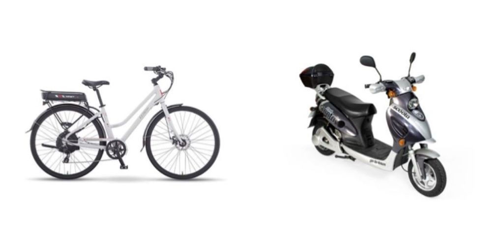 A picture of a white bicycle-style e-bike side by side with a grey electric moped