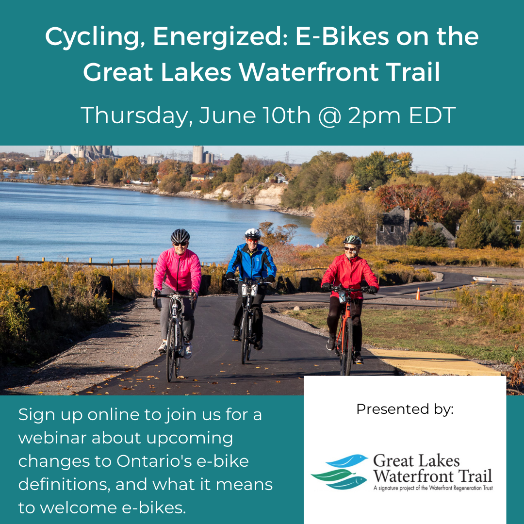 Webinar promotion flyer including photo of three people riding e-bikes on a trail