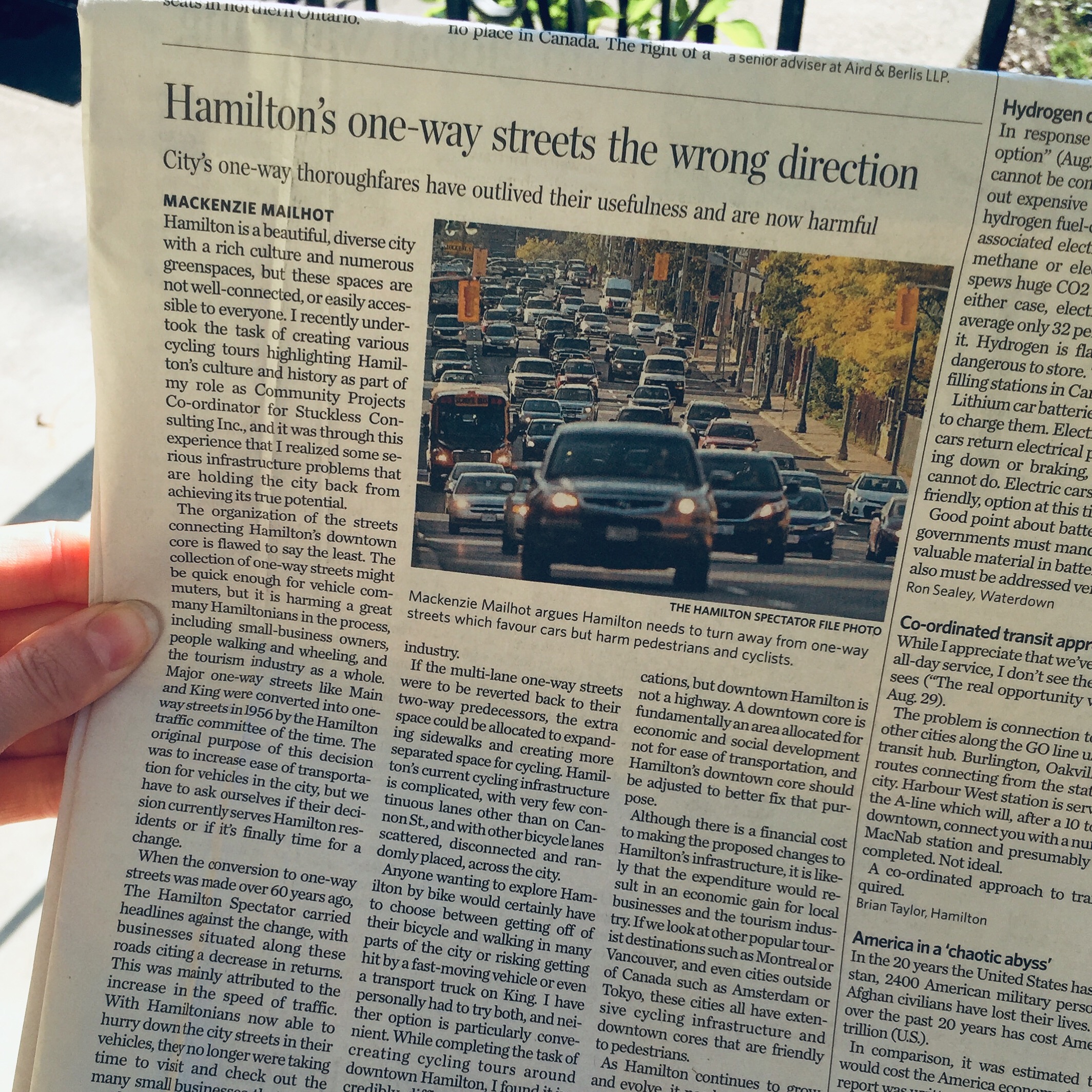 Photo of a newspaper OpEd with the title "Hamilton's one-way streets the wrong direction"