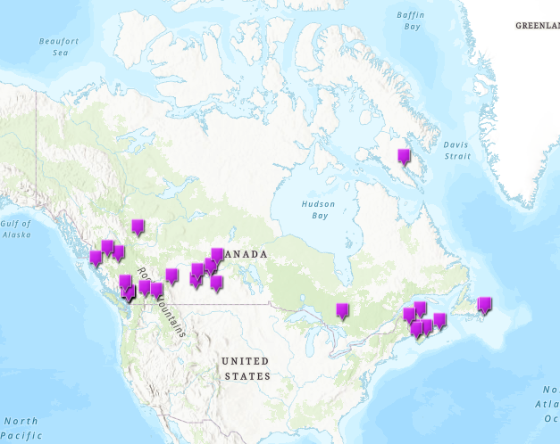 A map of Canada with pink markers in locations that have received National Active Transportation Fund funding