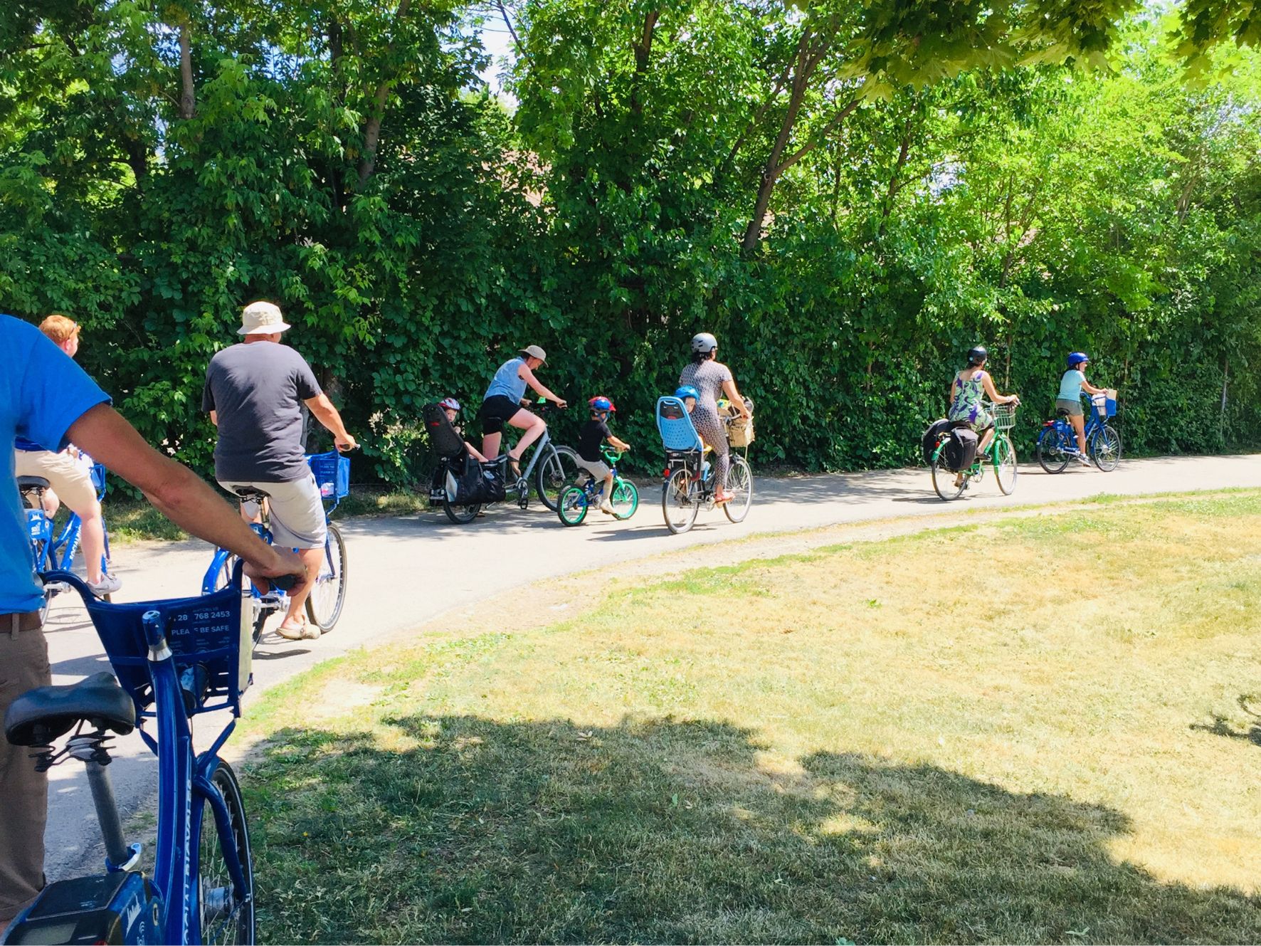 A group of people riding bicycles on a park trail. The photo is taken from behind the group